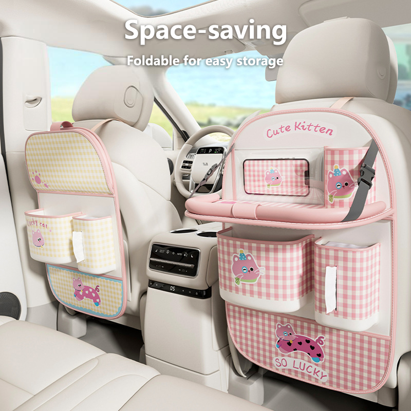 Back Seat Car Table - กระเป๋าเก็บของหลังเบาะรถยนต์รูปแมวน่ารัก พร้อมโต๊ะเล็กแบบแขวน ชั้นวางของหลังเบาะรถยนต์ อุปกรณ์จัดระเบียบภายในรถยนต์