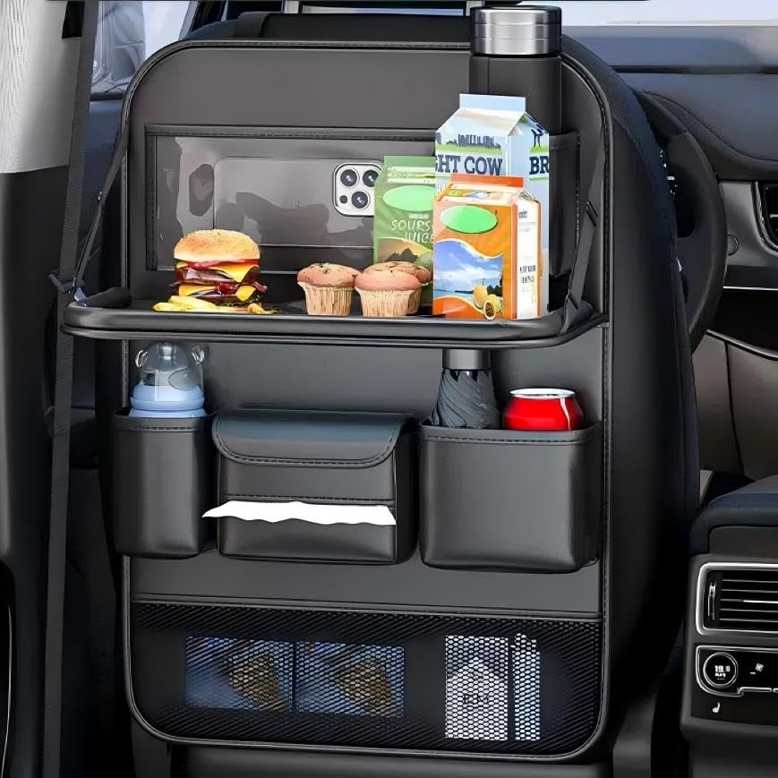 Back Seat Car Table - ออแกไนเซอร์อเนกประสงค์สำหรับเบาะหลังรถยนต์ พร้อมถาดวางของพับได้ กระเป๋าเก็บของเบาะหลังทำจากหนัง PU พร้อมที่วาง iPad